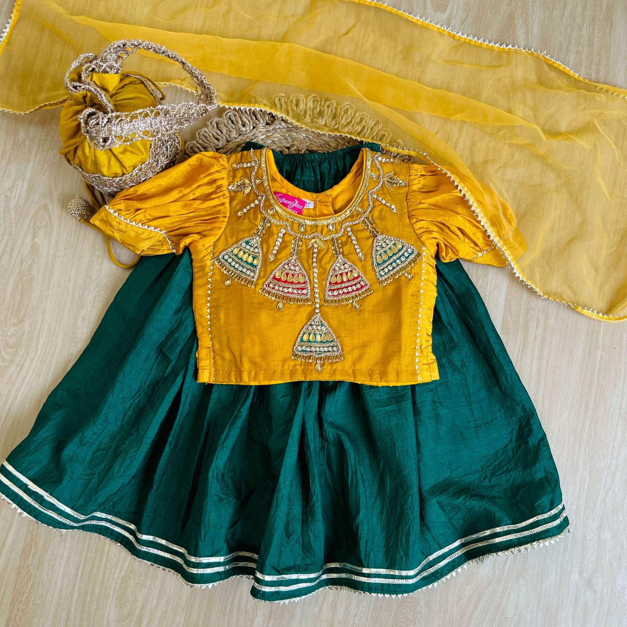 Mustard  Bottle Green Silk Lehenga Set