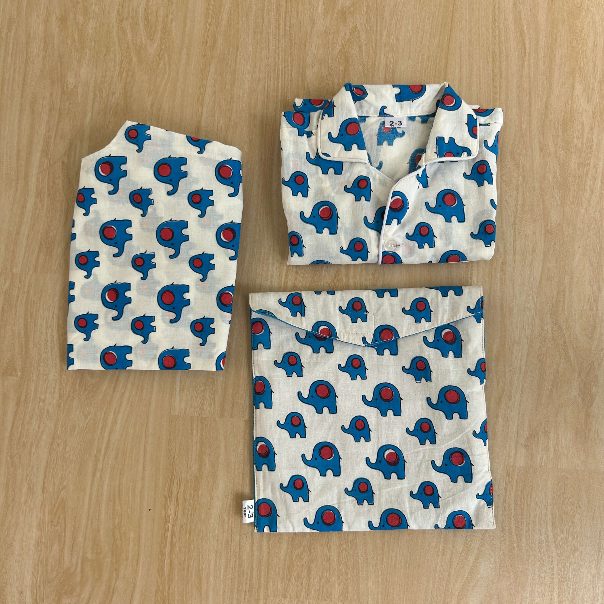 Fun White Elephant-Printed Cotton Night Suit with Storage Bag Unisex