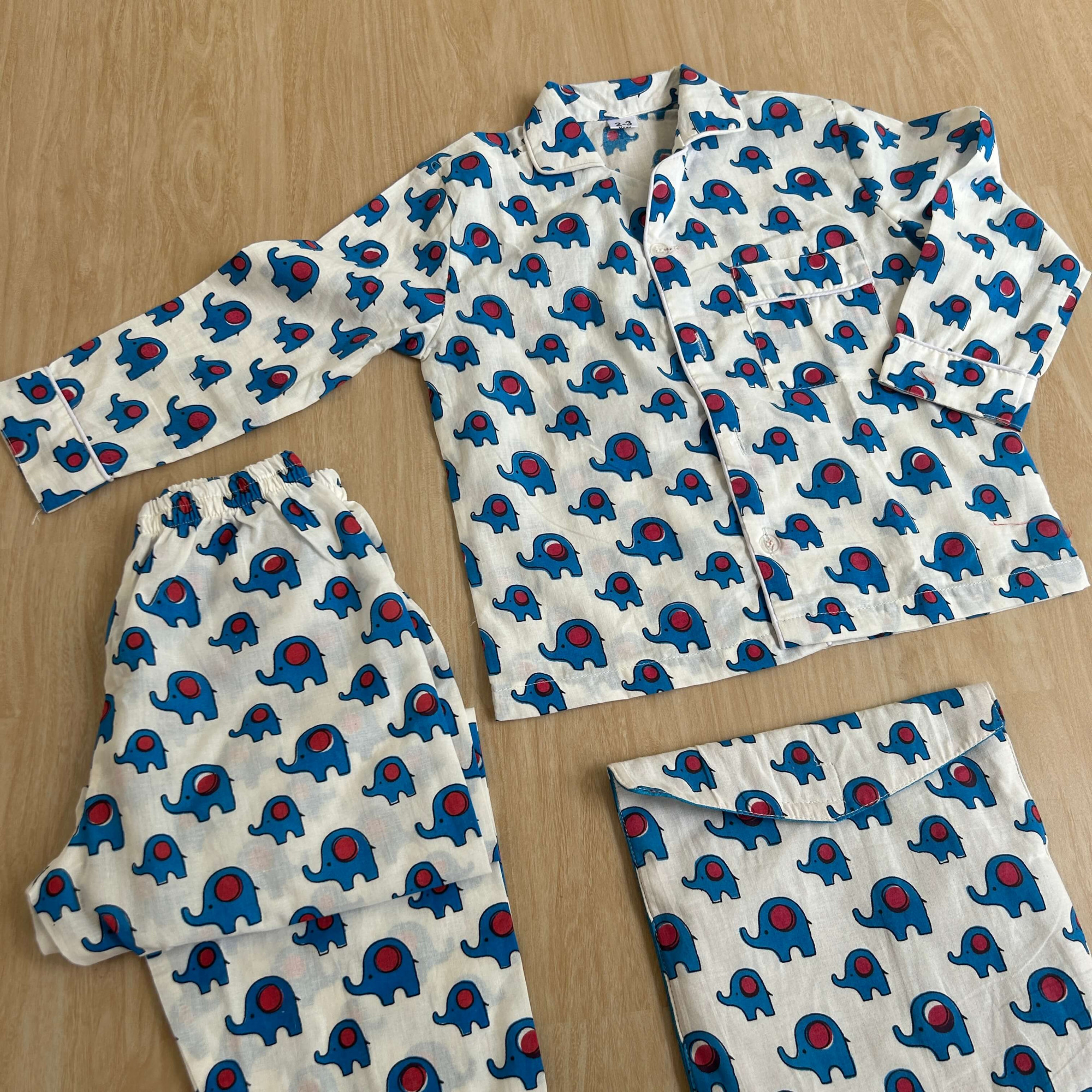 Fun White Elephant-Printed Cotton Night Suit with Storage Bag Unisex