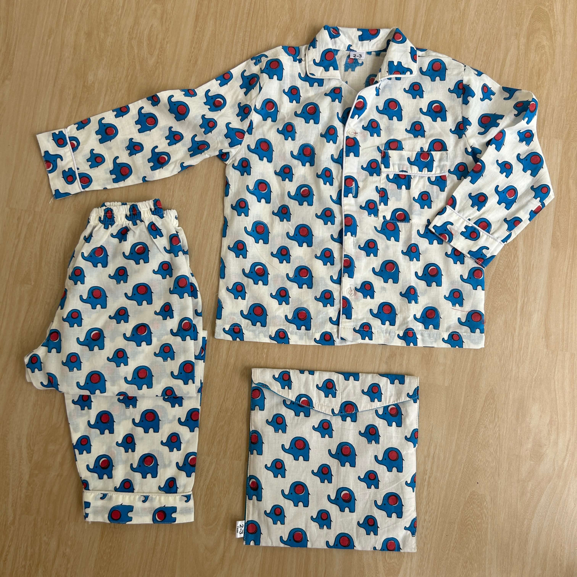 Fun White Elephant-Printed Cotton Night Suit with Storage Bag Unisex