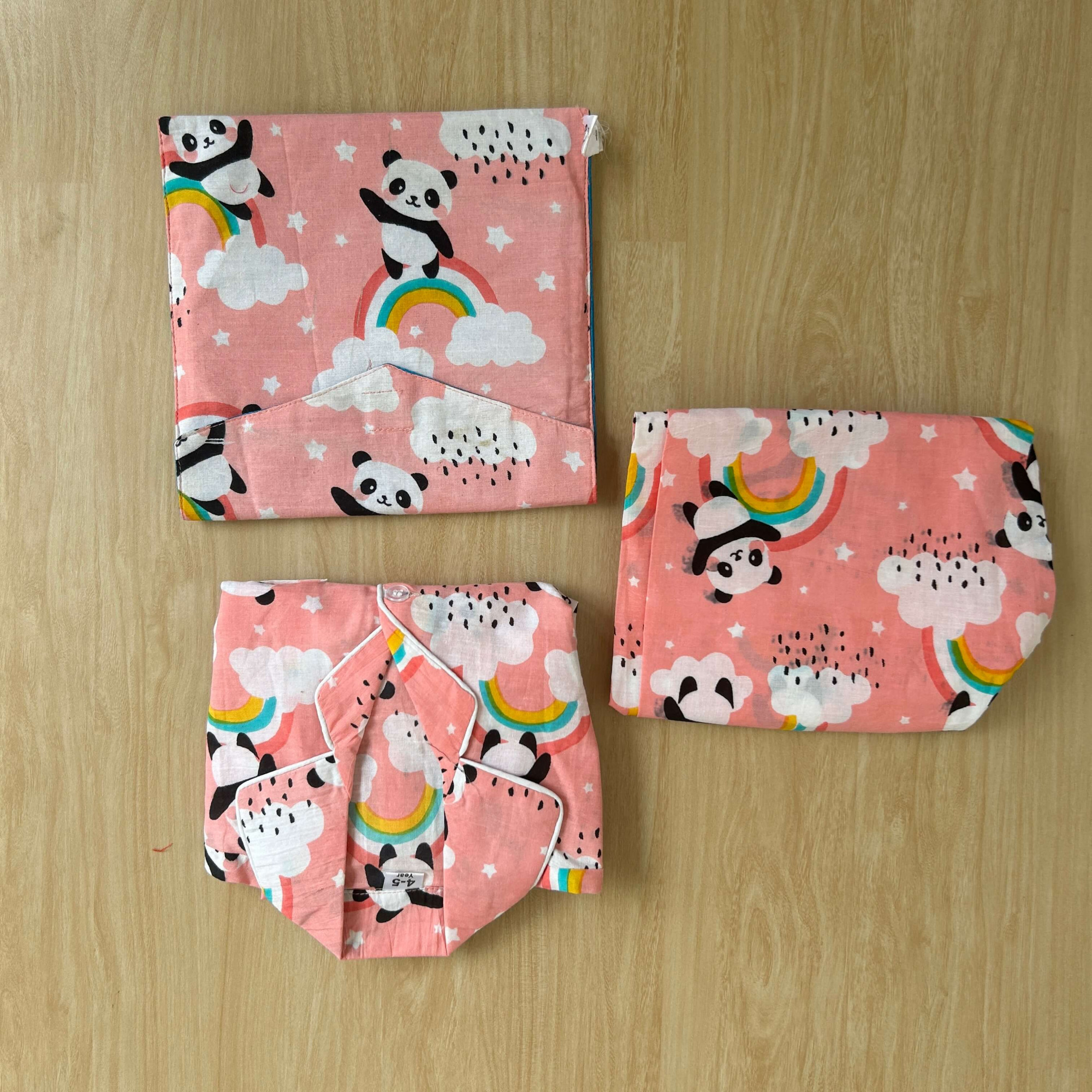 Adorable Pink Panda-Printed Cotton Night Suit with Storage Bag Unisex