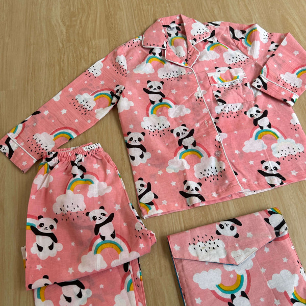 Adorable Pink Panda-Printed Cotton Night Suit with Storage Bag (Unisex)