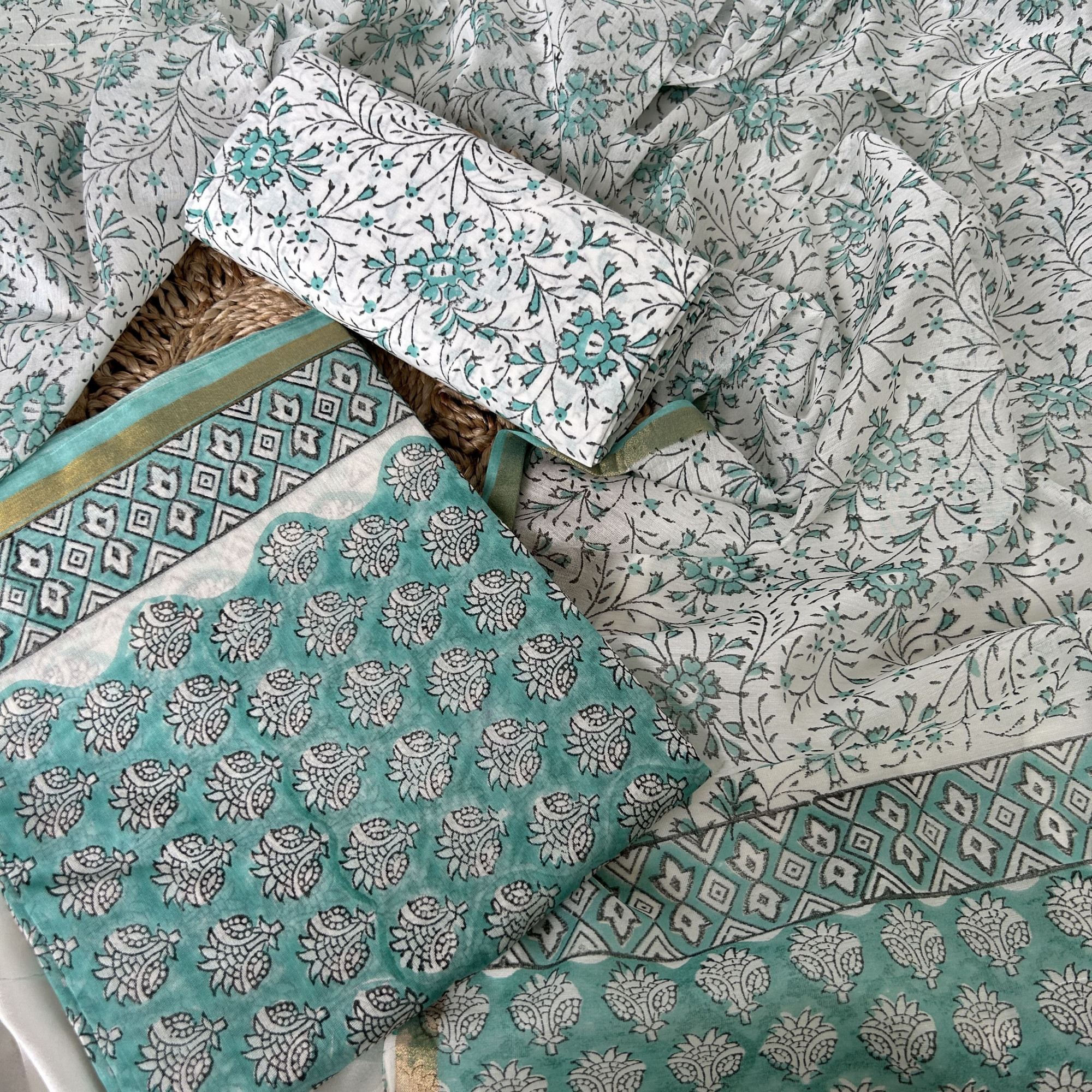 Aqua Green Hand Block Printed Unstitched Suit Set