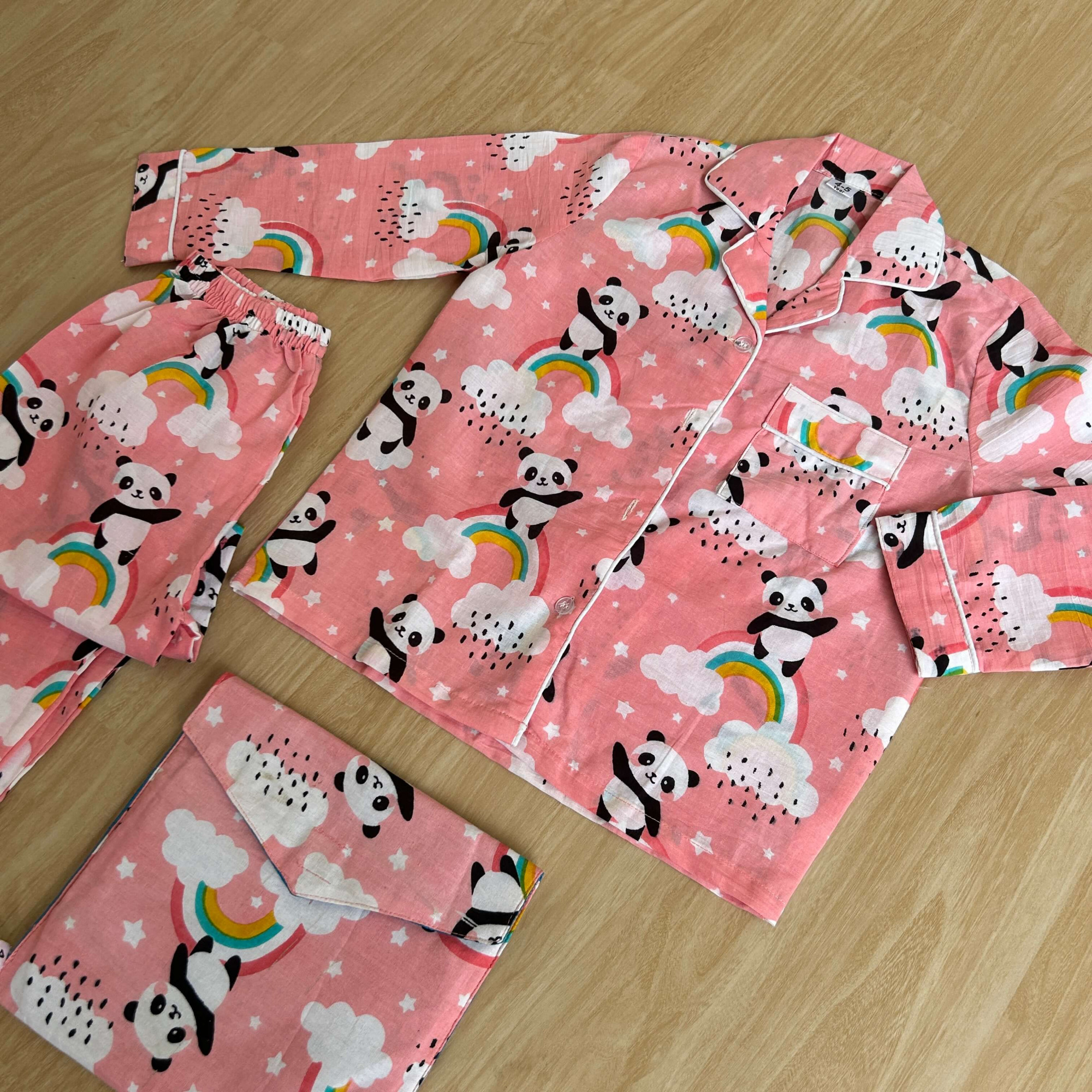 Adorable Pink Panda-Printed Cotton Night Suit with Storage Bag Unisex