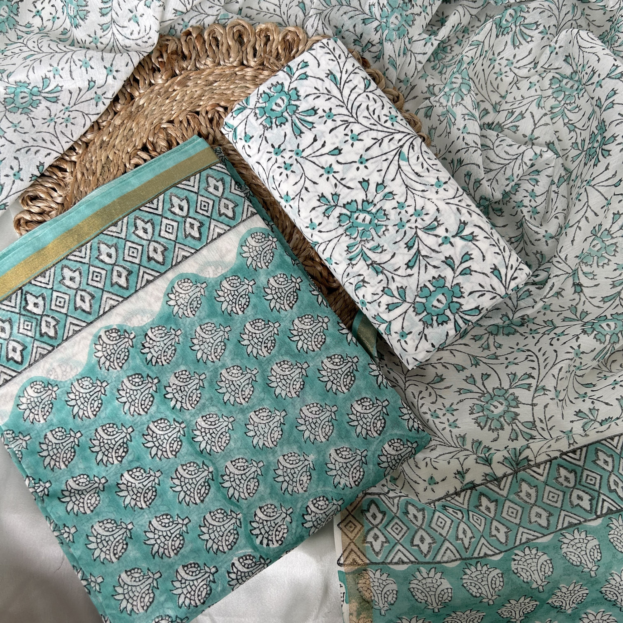 Aqua Green Hand Block Printed Unstitched Suit Set