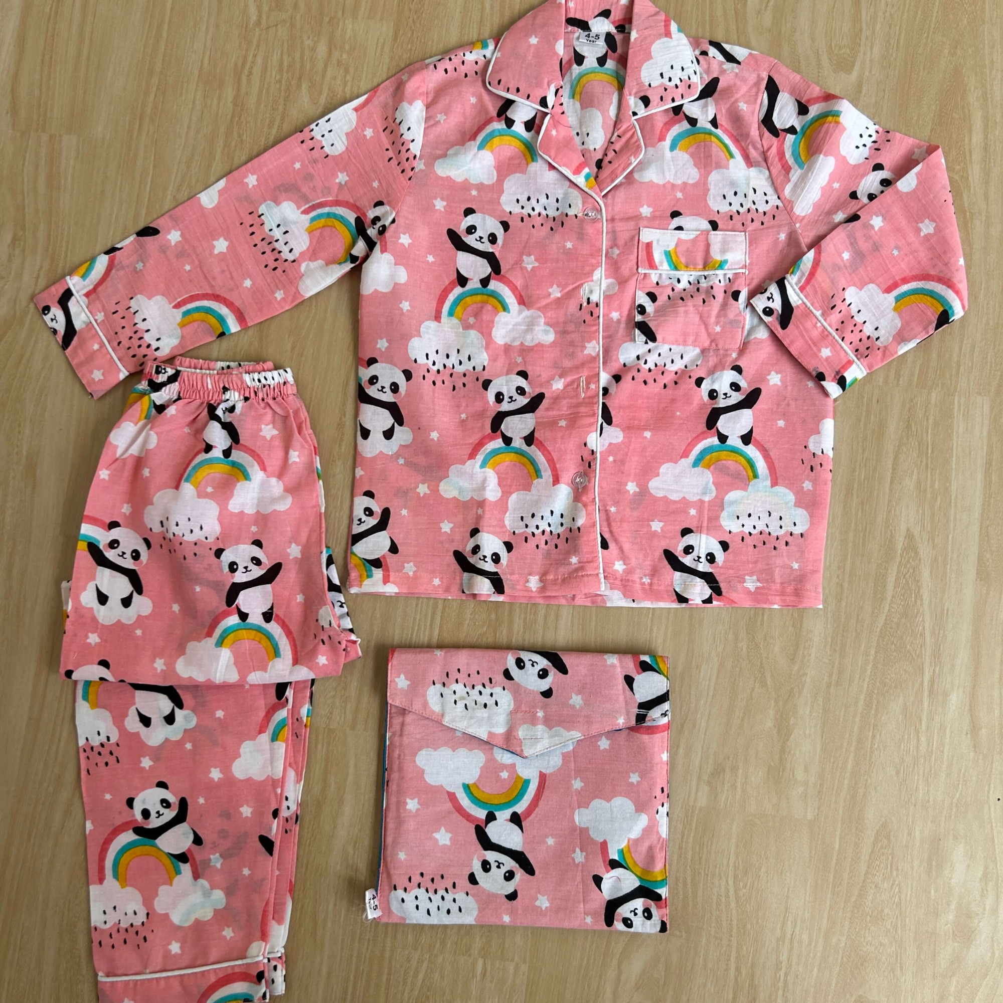 Adorable Pink Panda-Printed Cotton Night Suit with Storage Bag Unisex