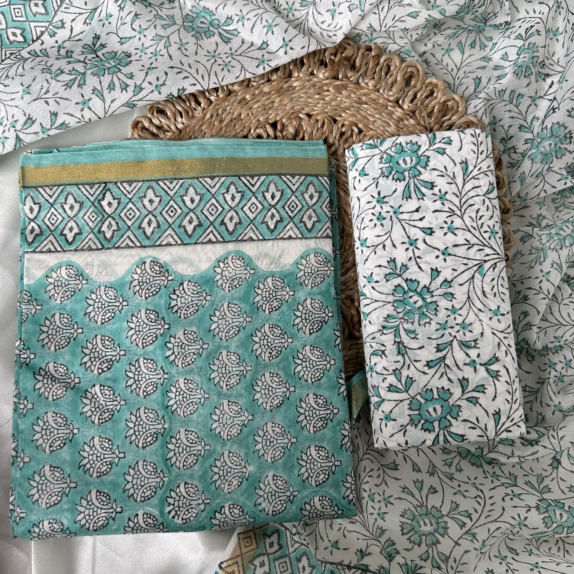 Aqua Green Hand Block Printed Unstitched Suit Set
