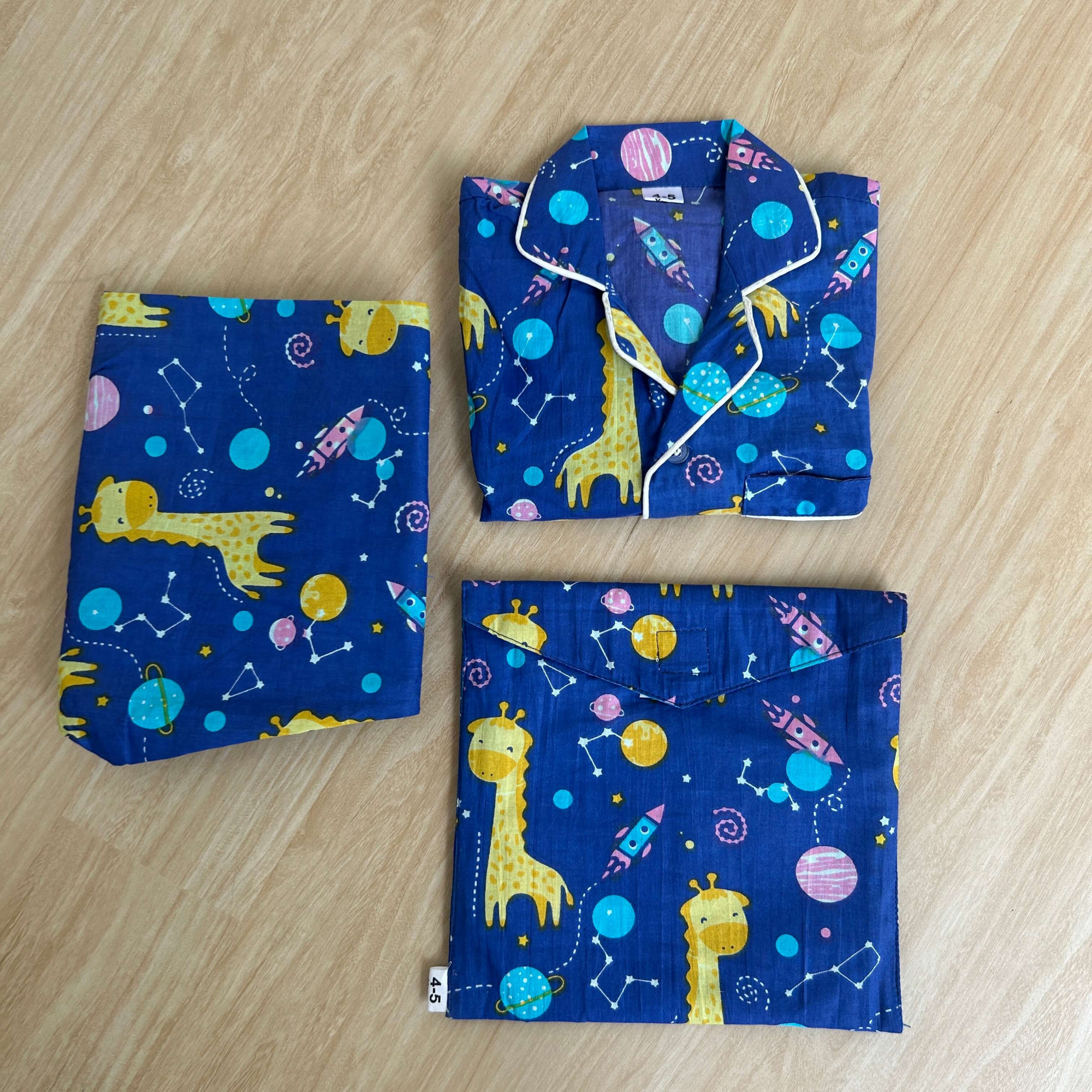 Cute Giraffe-Printed Dark Blue Cotton Night Suit with Storage Bag Unisex