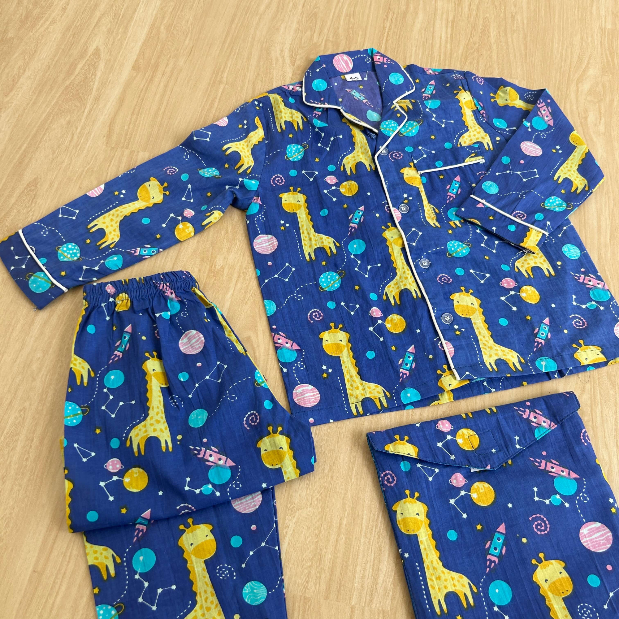 Cute Giraffe-Printed Dark Blue Cotton Night Suit with Storage Bag Unisex