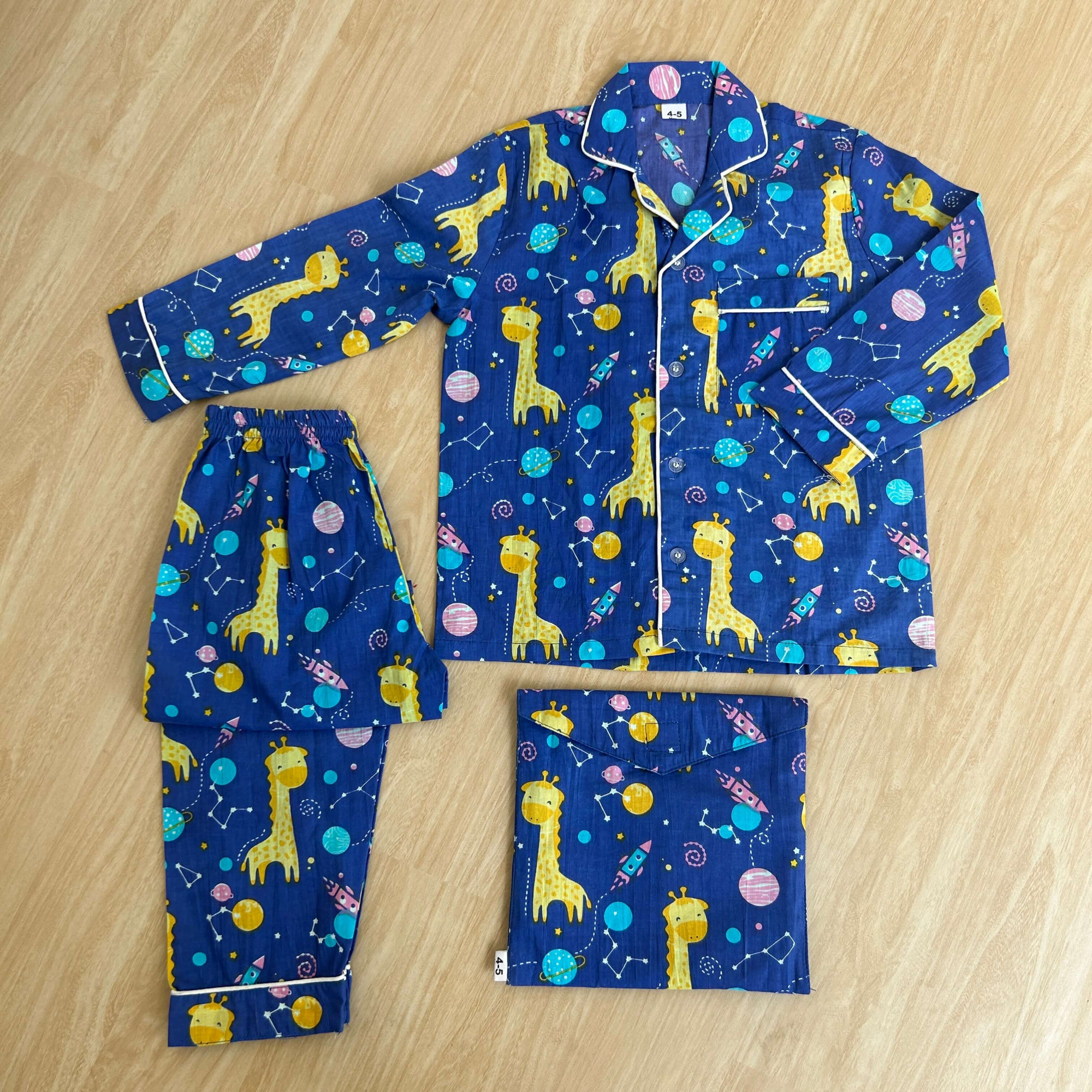 Cute Giraffe-Printed Dark Blue Cotton Night Suit with Storage Bag Unisex