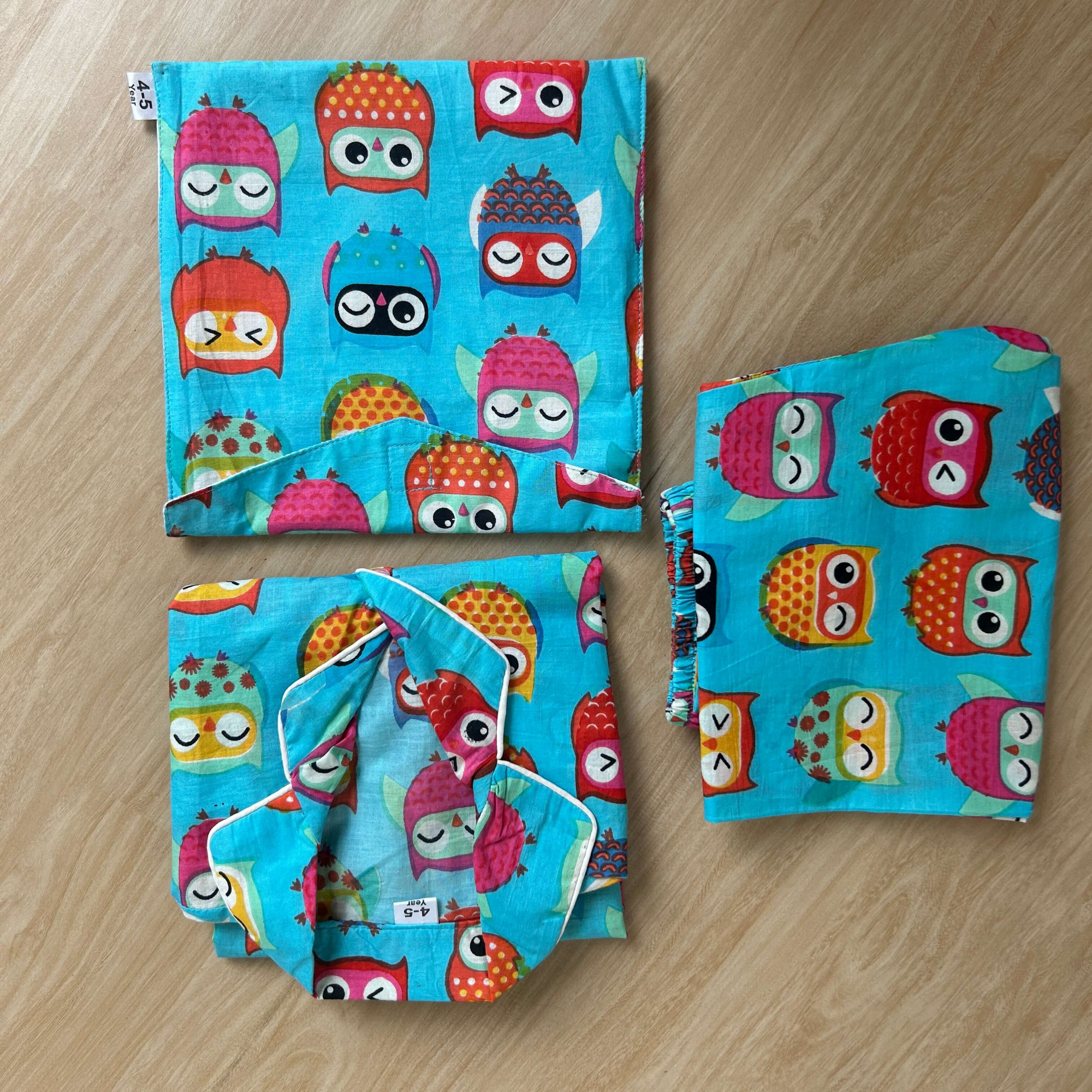 Funky Owl-Printed Blue Cotton Night Suit for Kids Unisex with a storage bag