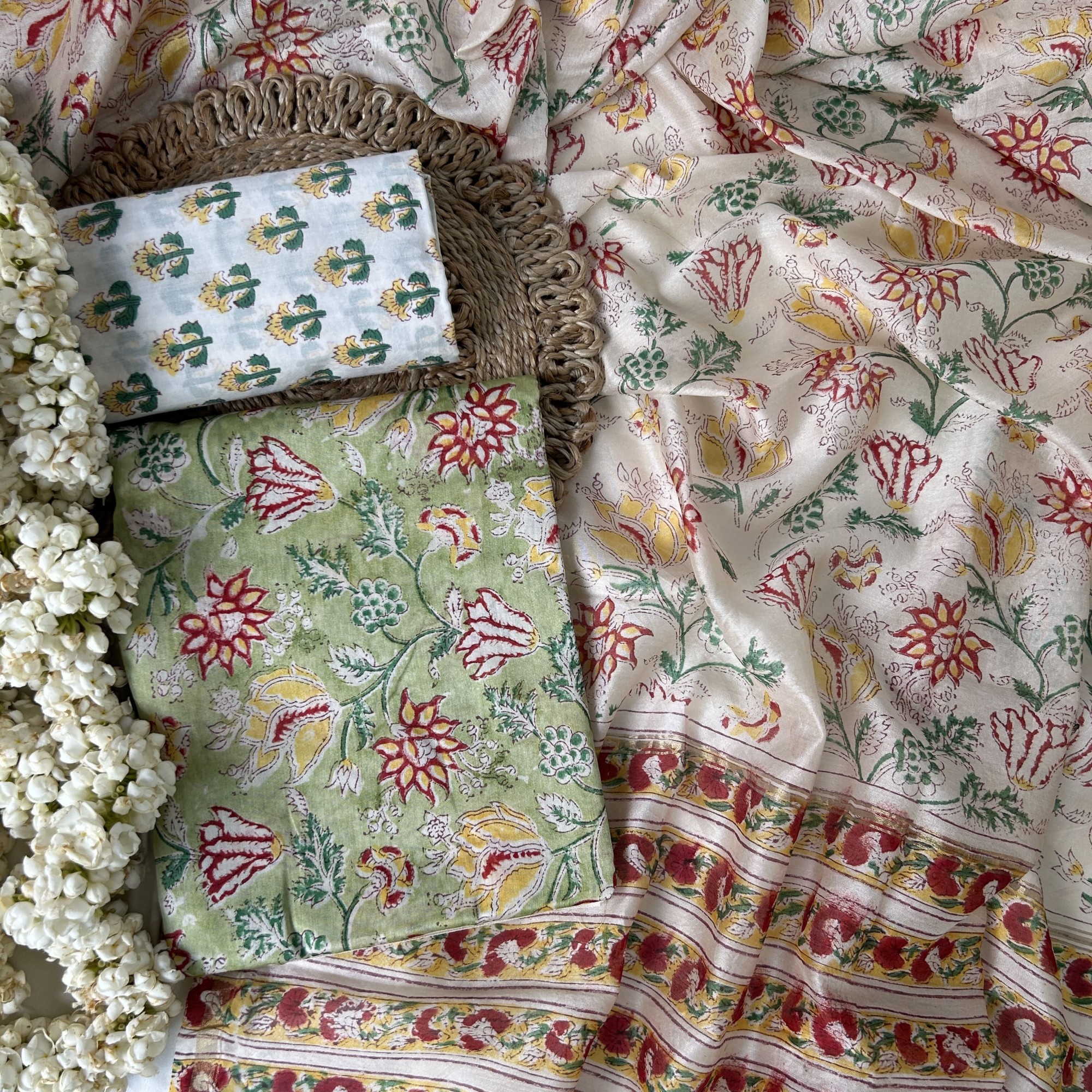 Green Hand Block Printed Unstitched Suit Set