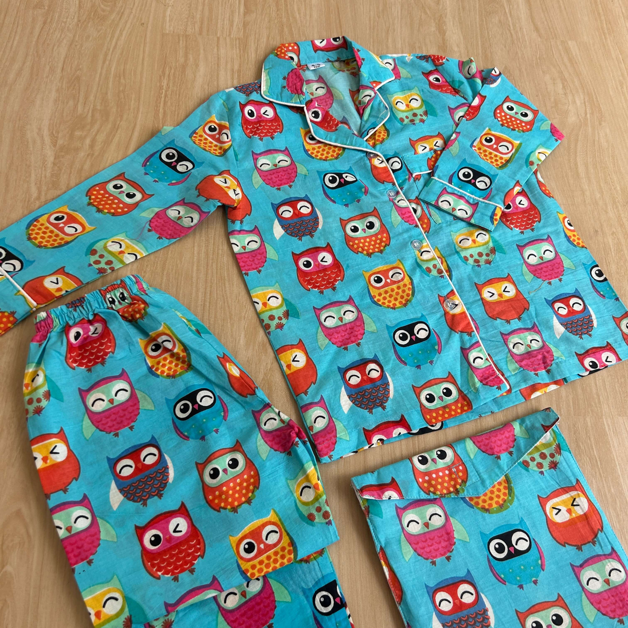 Funky Owl-Printed Blue Cotton Night Suit for Kids Unisex with a storage bag
