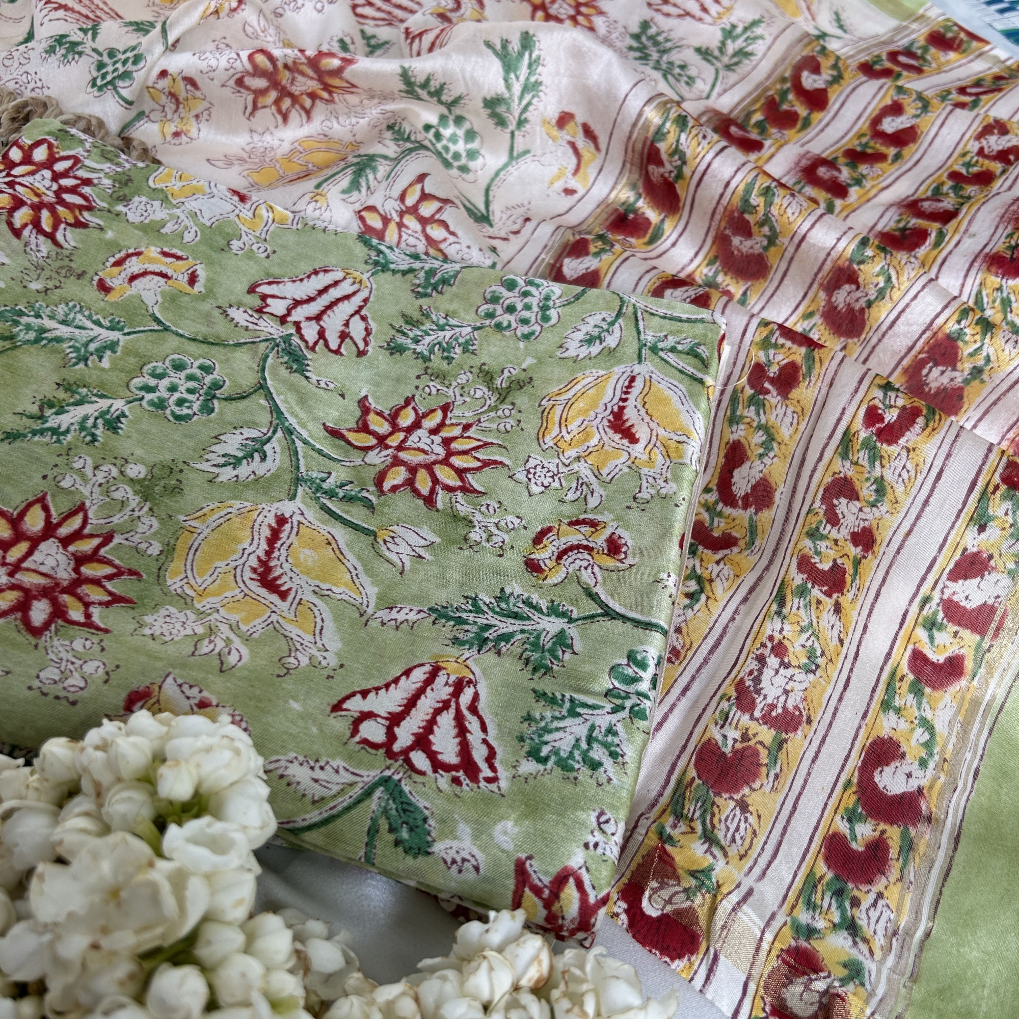 Green Hand Block Printed Unstitched Suit Set