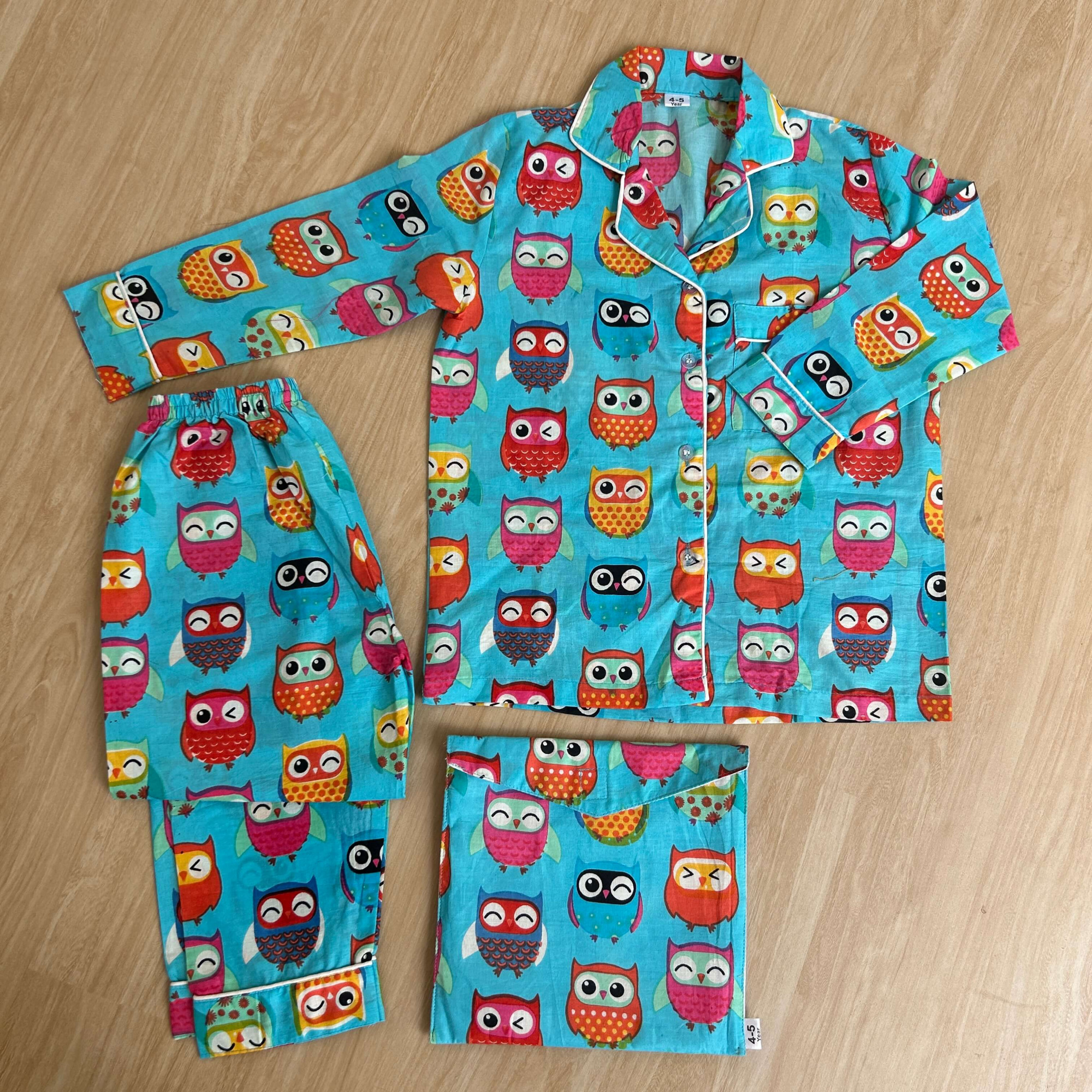 Funky Owl-Printed Blue Cotton Night Suit for Kids Unisex with a storage bag