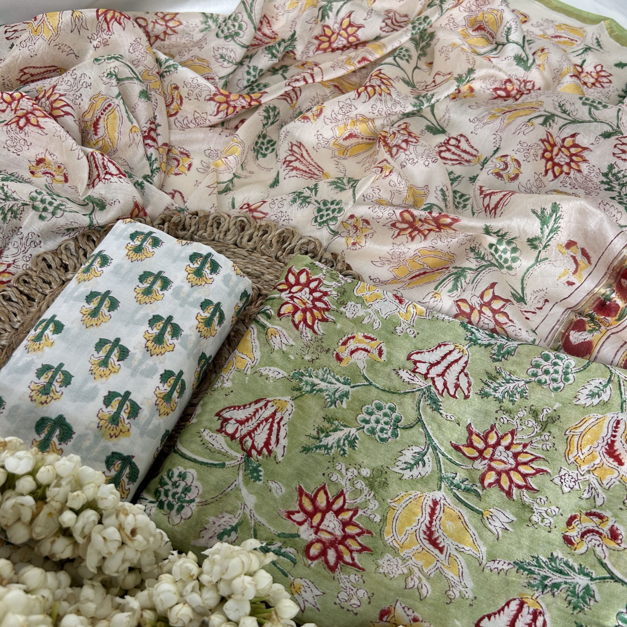 Green Hand Block Printed Unstitched Suit Set