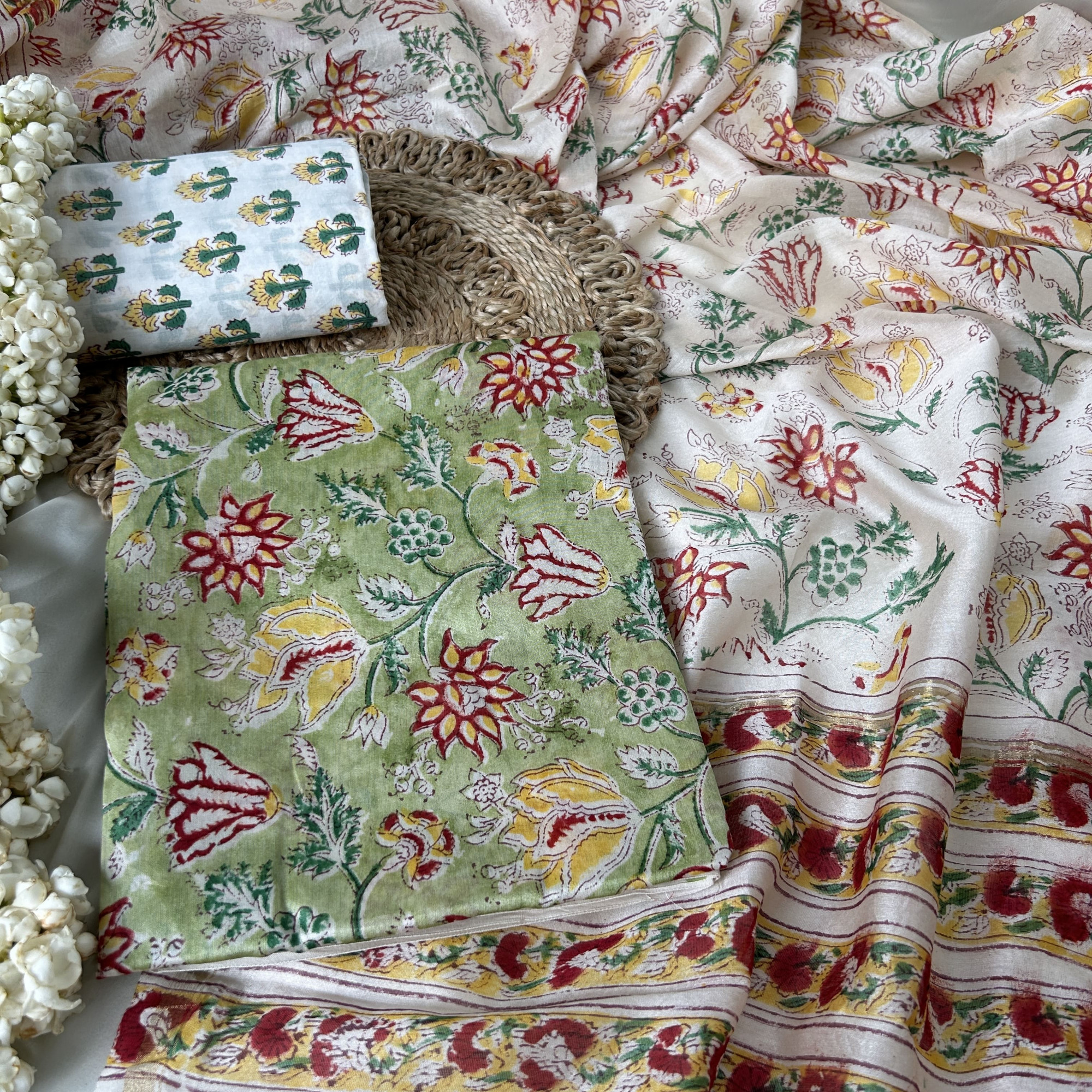 Green Hand Block Printed Unstitched Suit Set