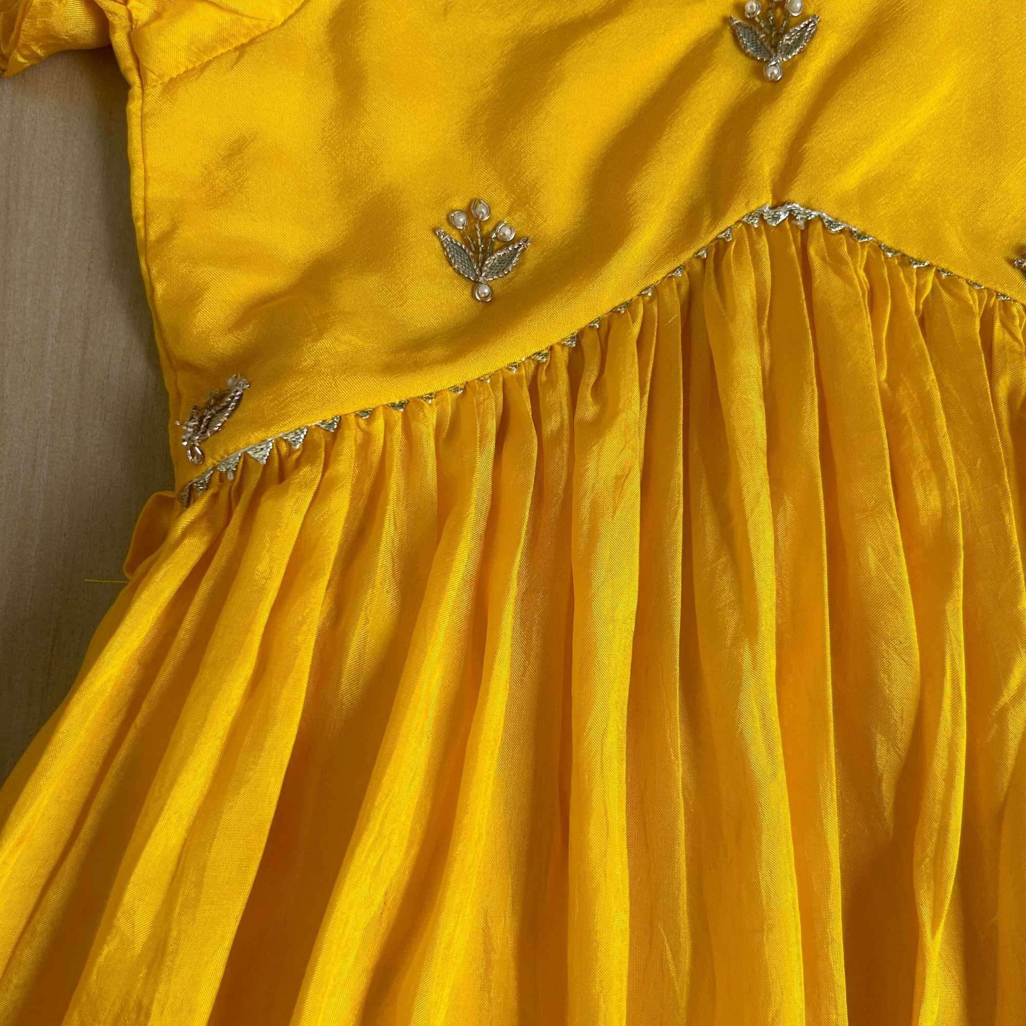Bright Yellow Summer Silk Frock with Gota Patti Embroidery