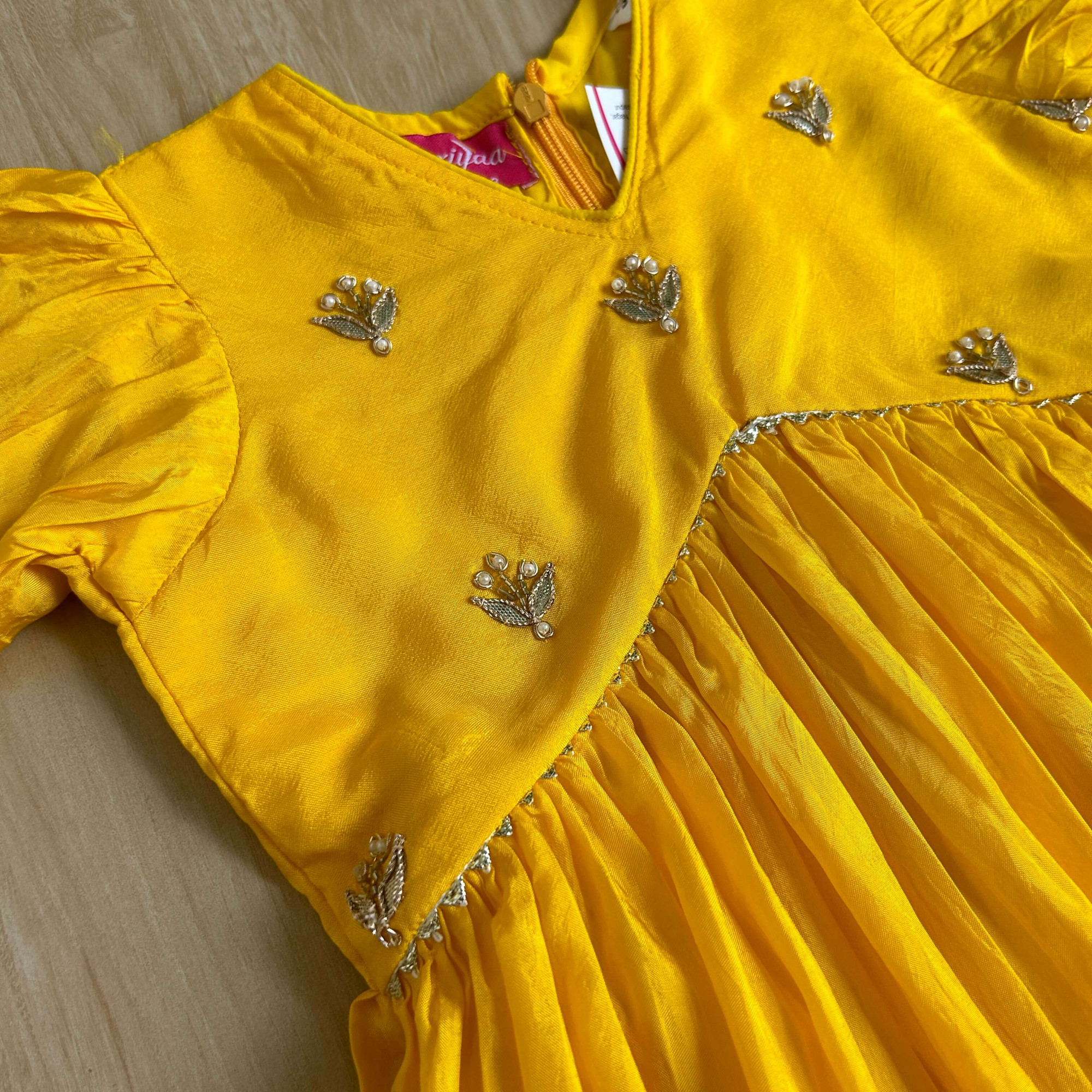 Bright Yellow Summer Silk Frock with Gota Patti Embroidery