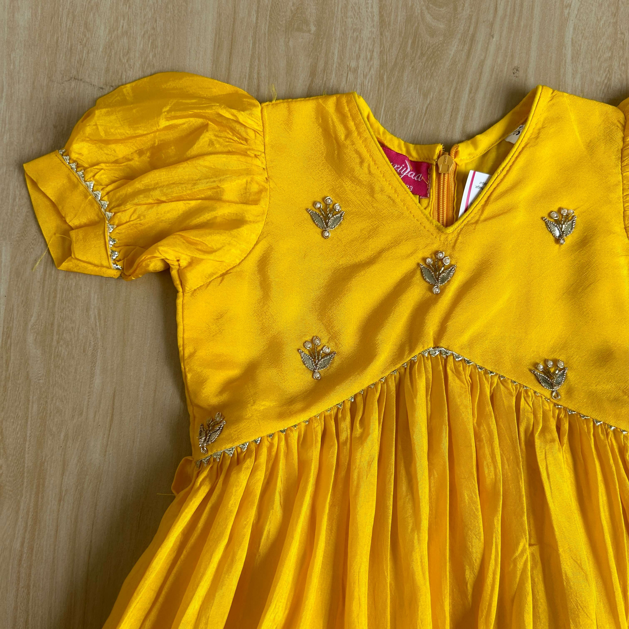 Bright Yellow Summer Silk Frock with Gota Patti Embroidery