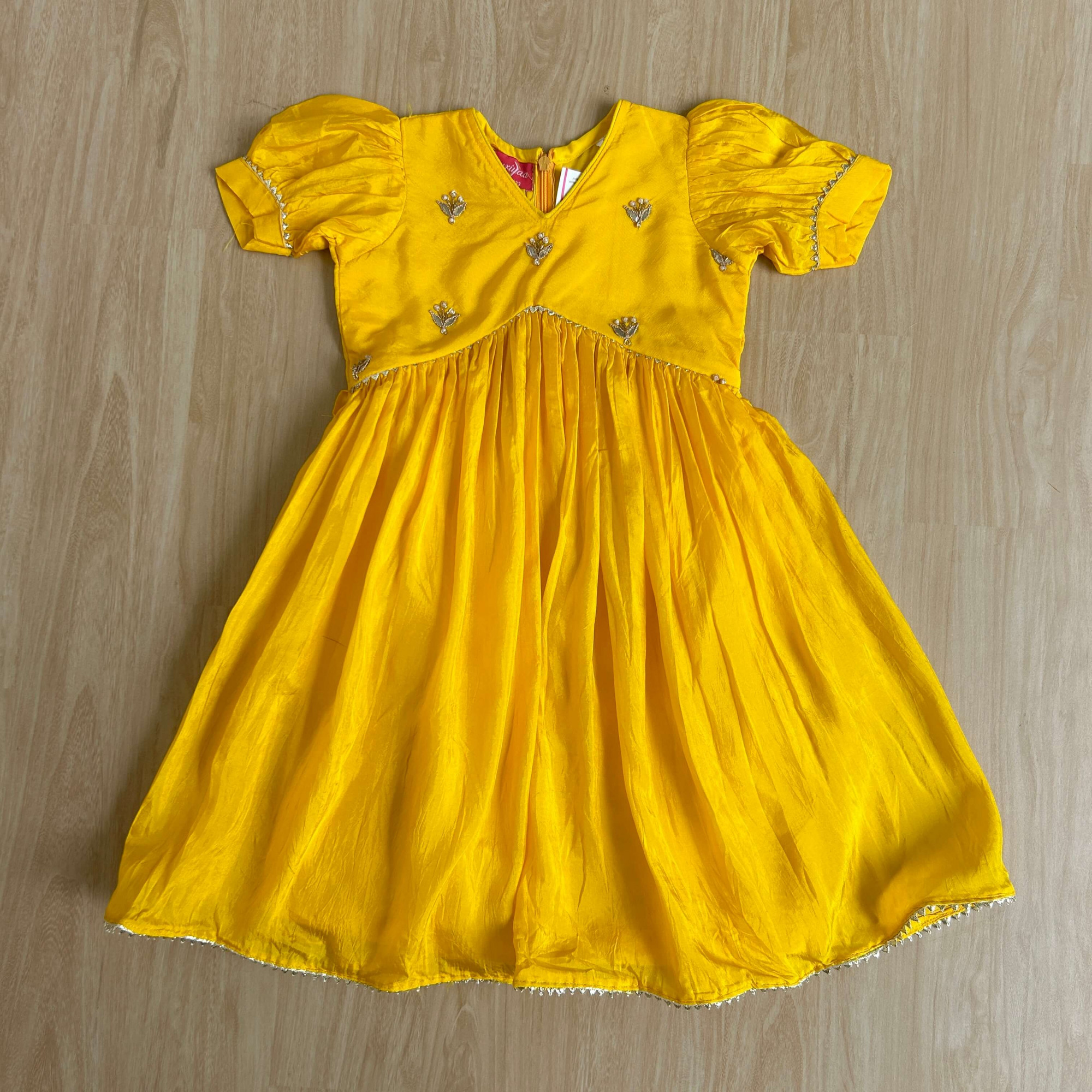 Bright Yellow Summer Silk Frock with Gota Patti Embroidery