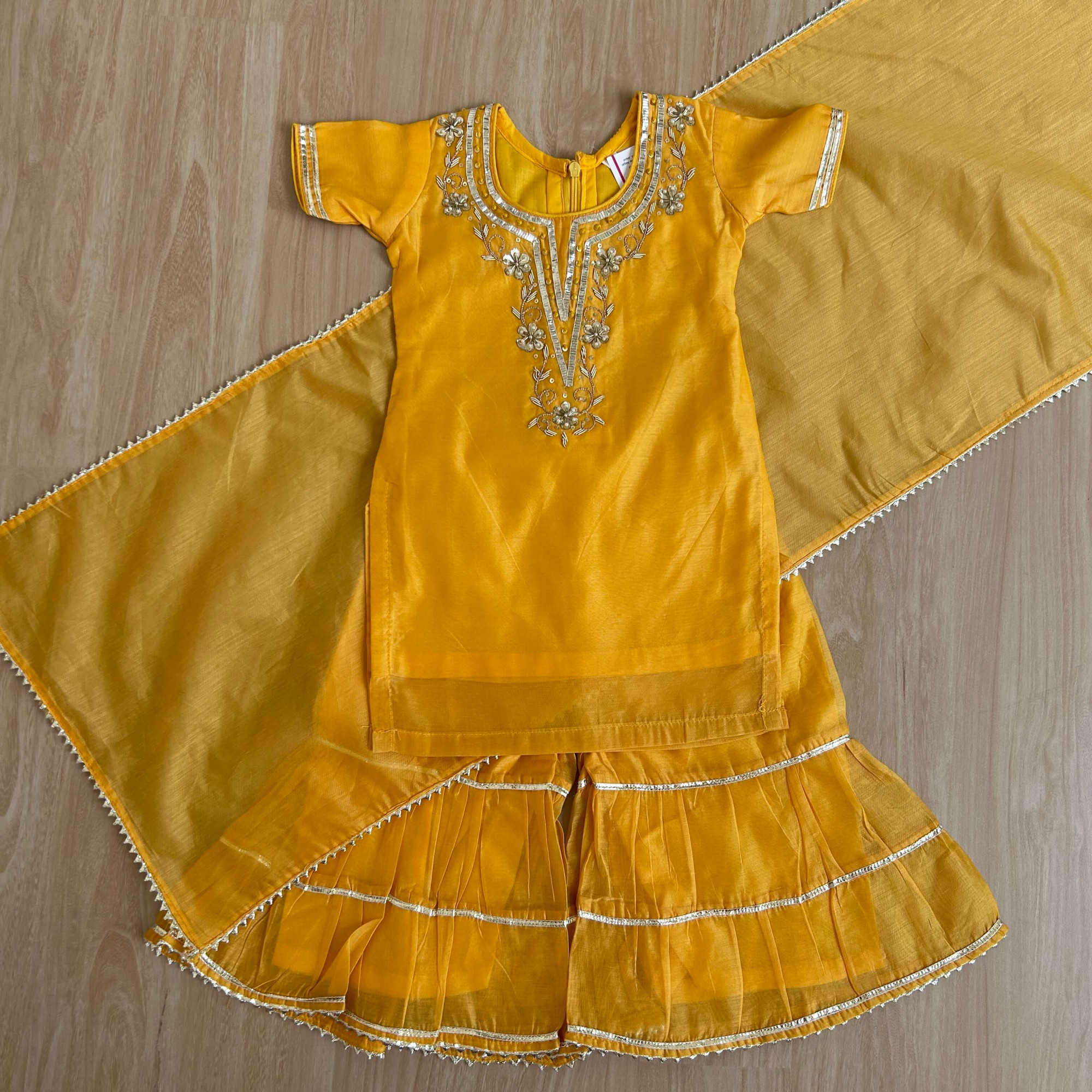 Yellow Chanderi Sharara Set with Hand Embroidery