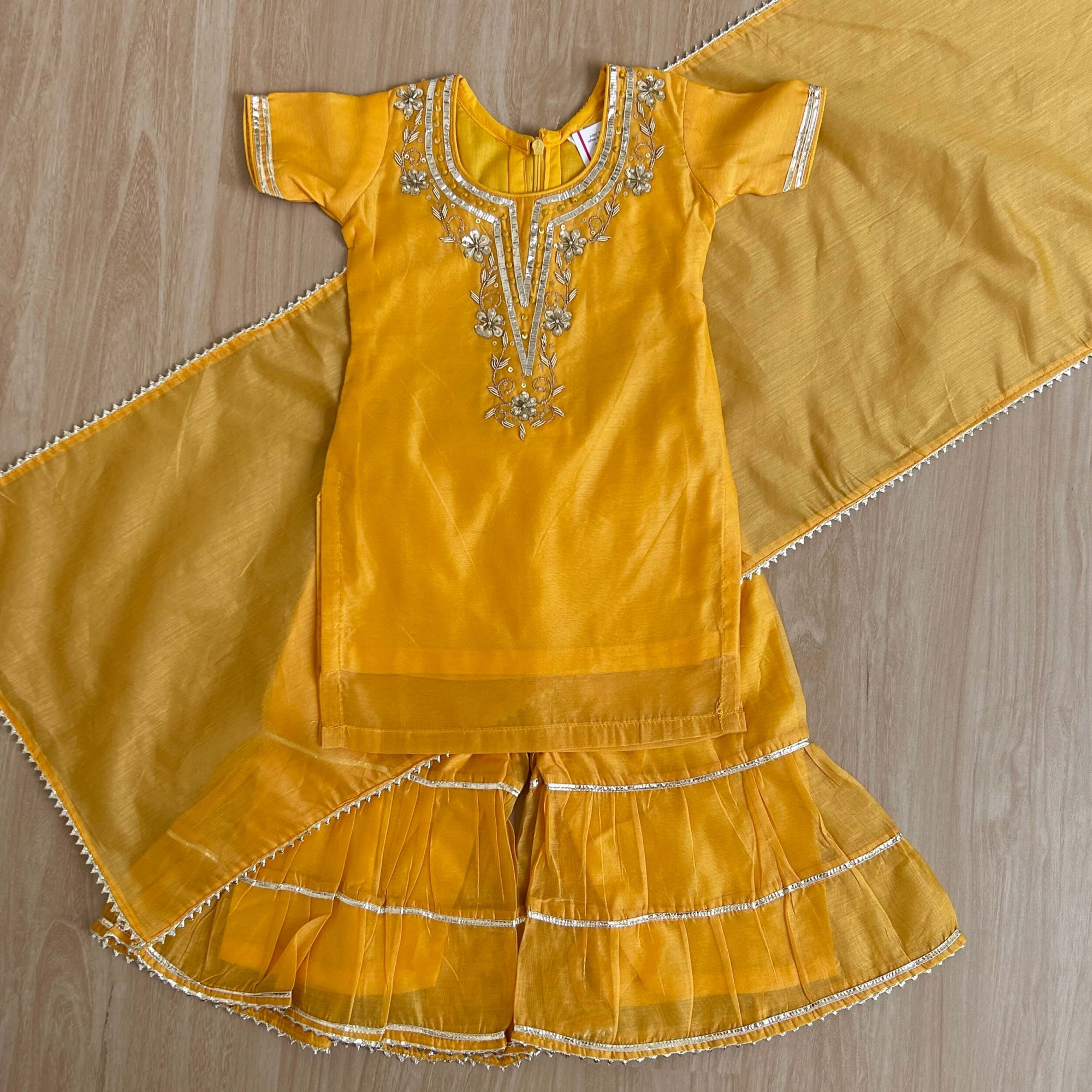 Yellow Chanderi Sharara Set with Hand Embroidery