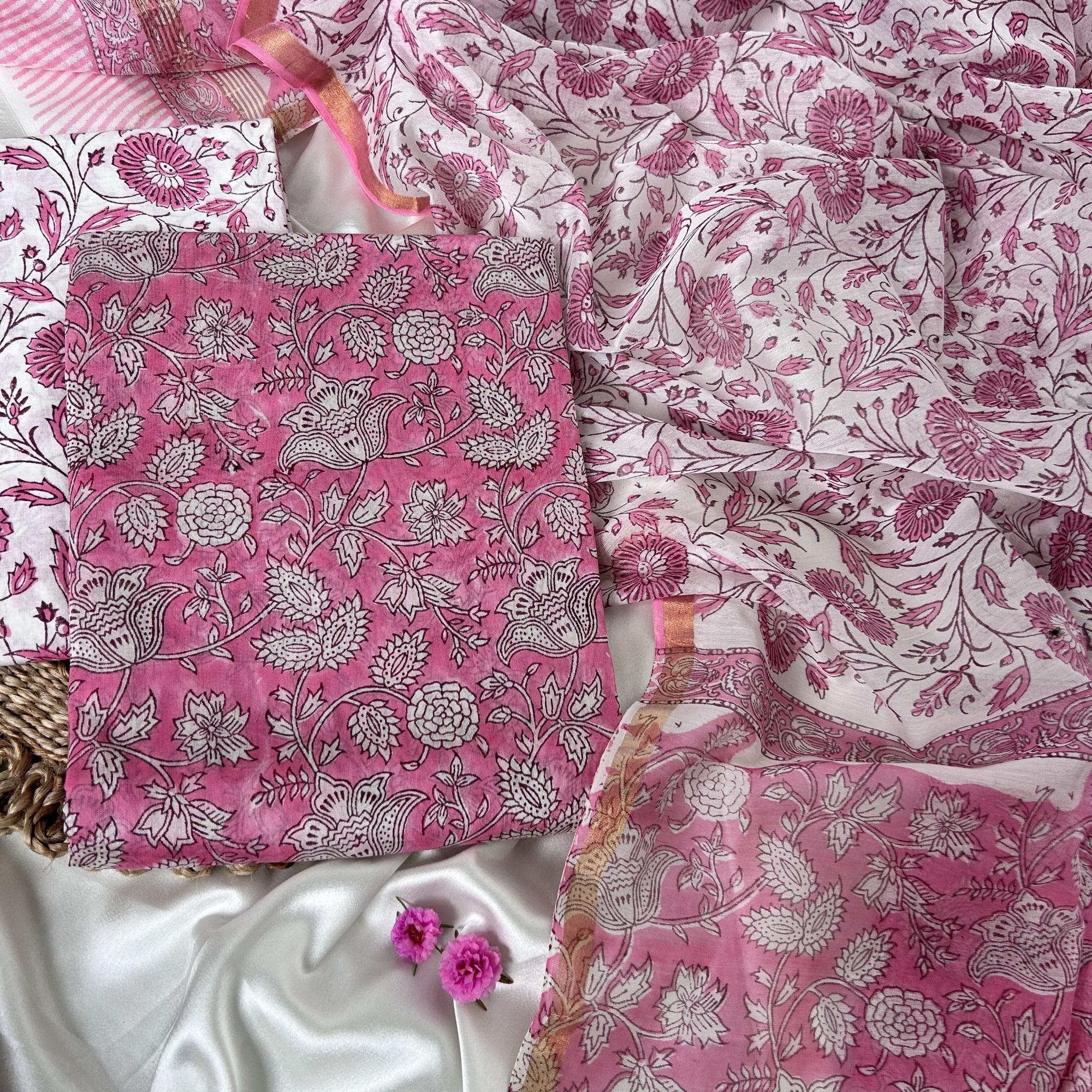 Pink Hand Block Printed Unstitched Suit Set
