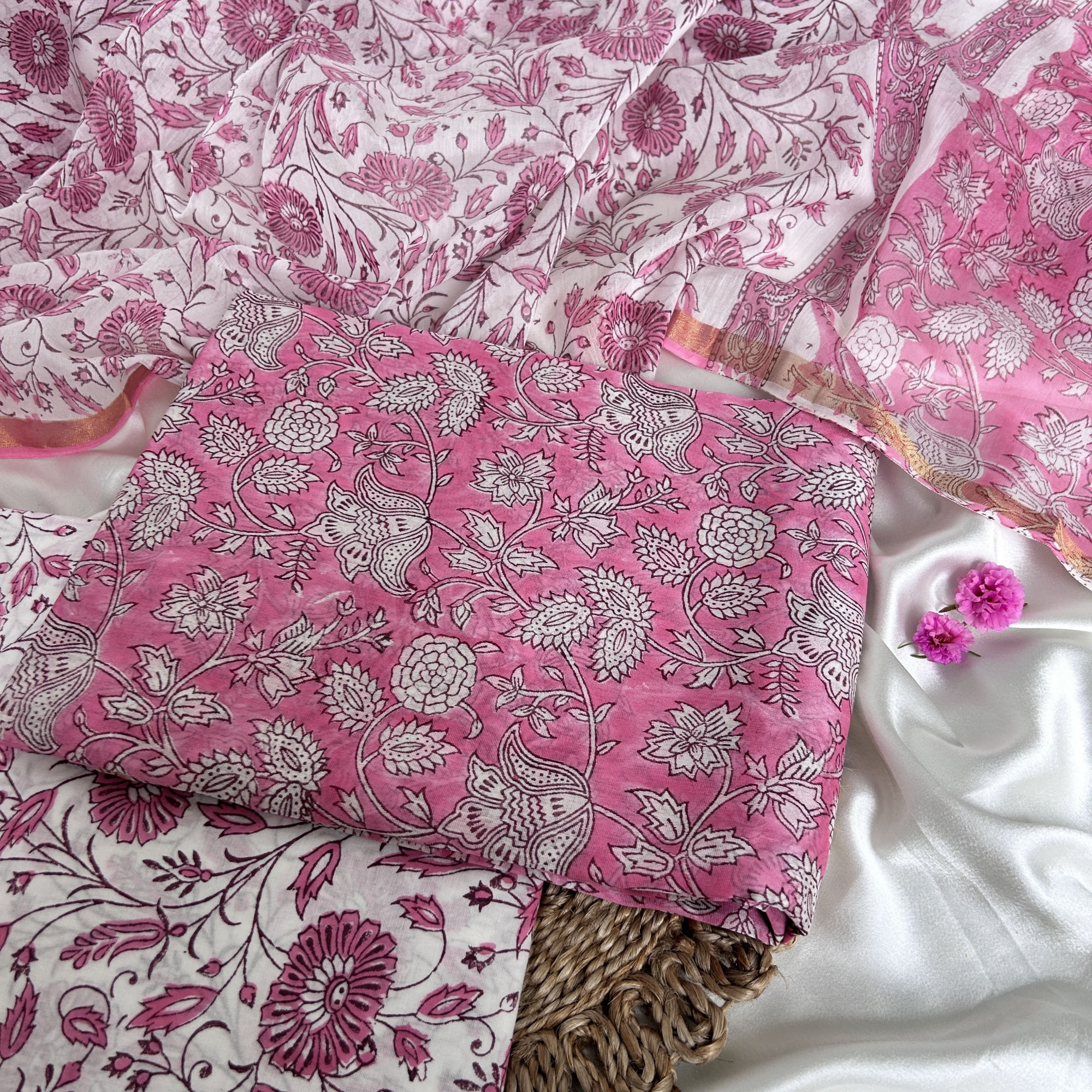 Pink Hand Block Printed Unstitched Suit Set