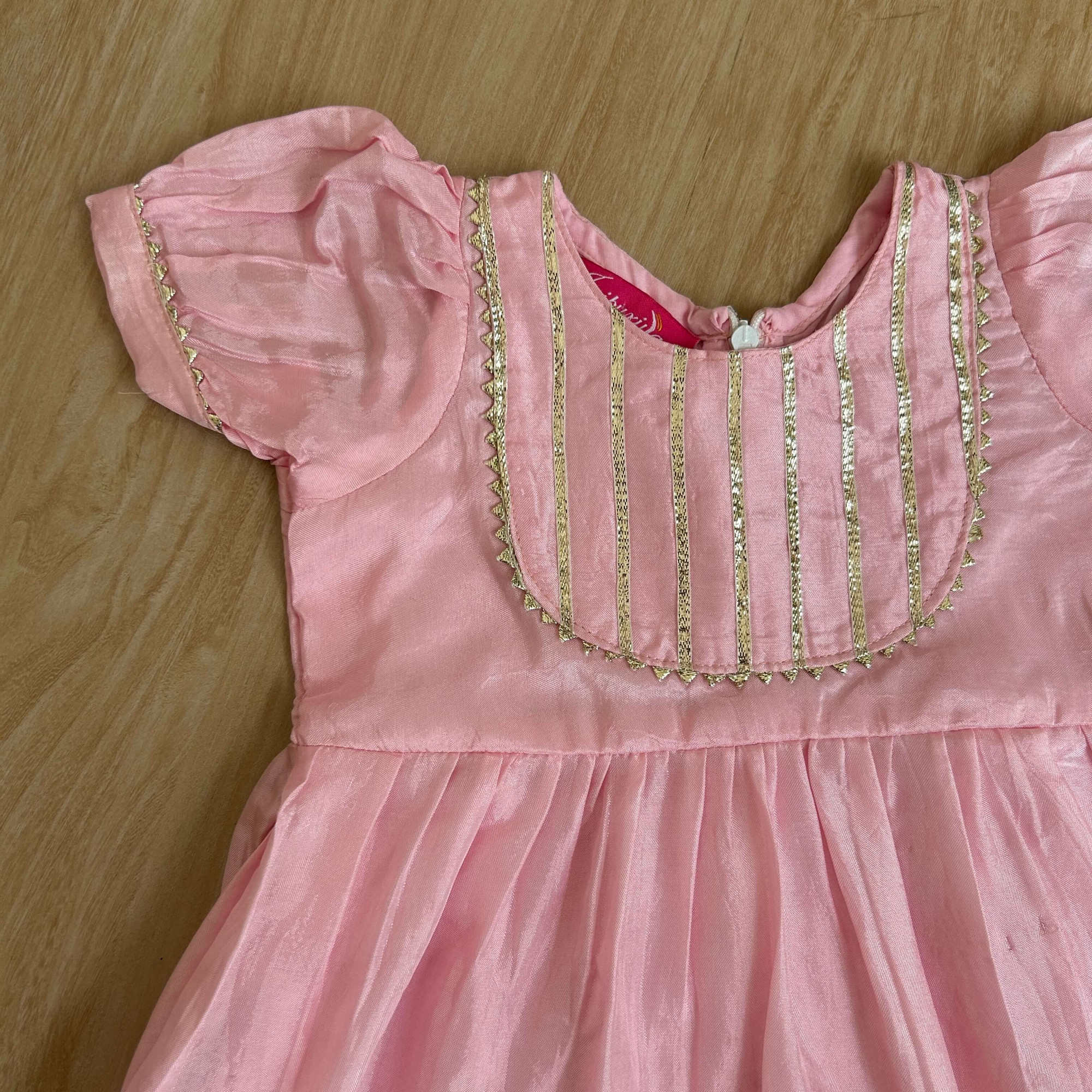 Baby Pink Chanderi Ankle-Length Frock with Gota Detailing