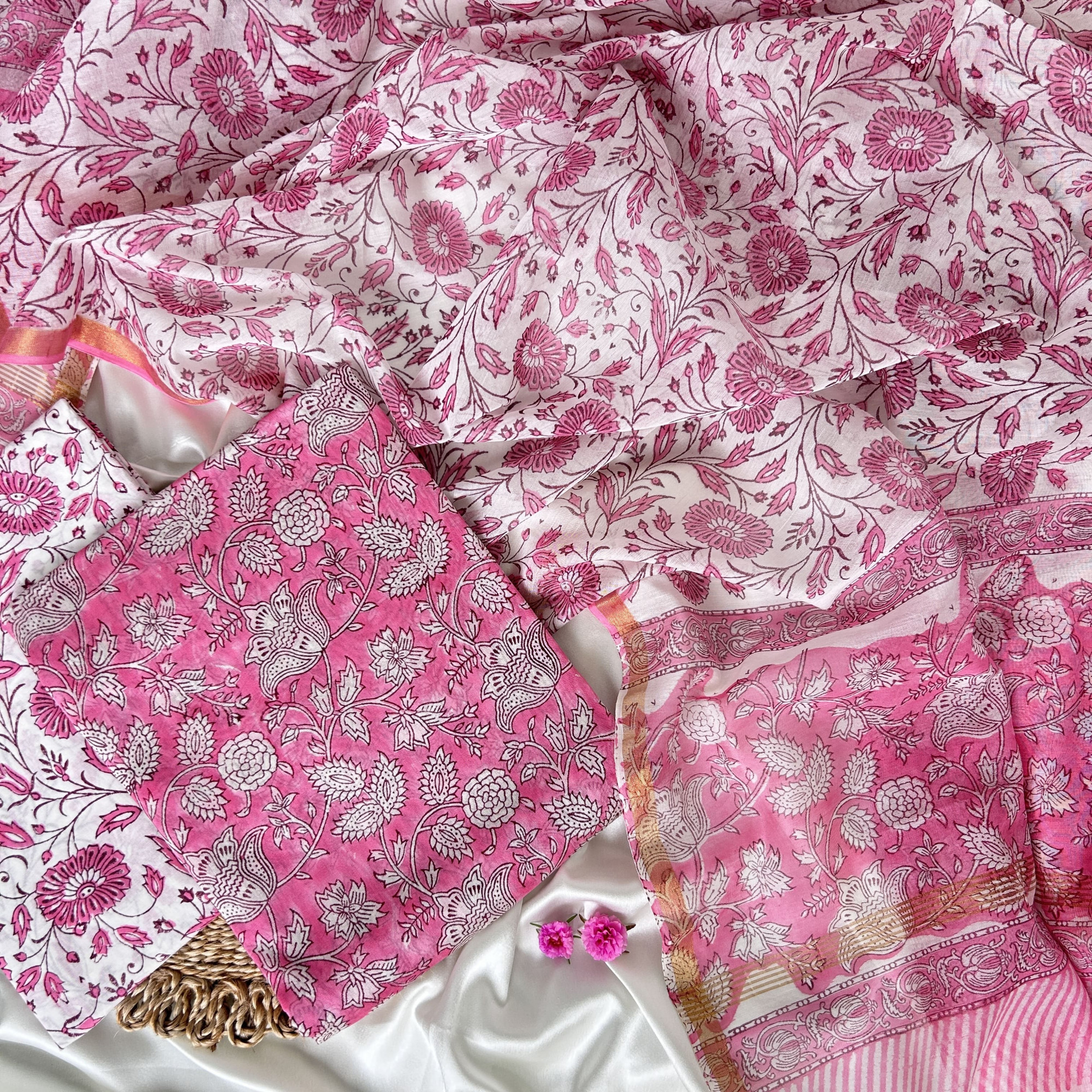 Pink Hand Block Printed Unstitched Suit Set