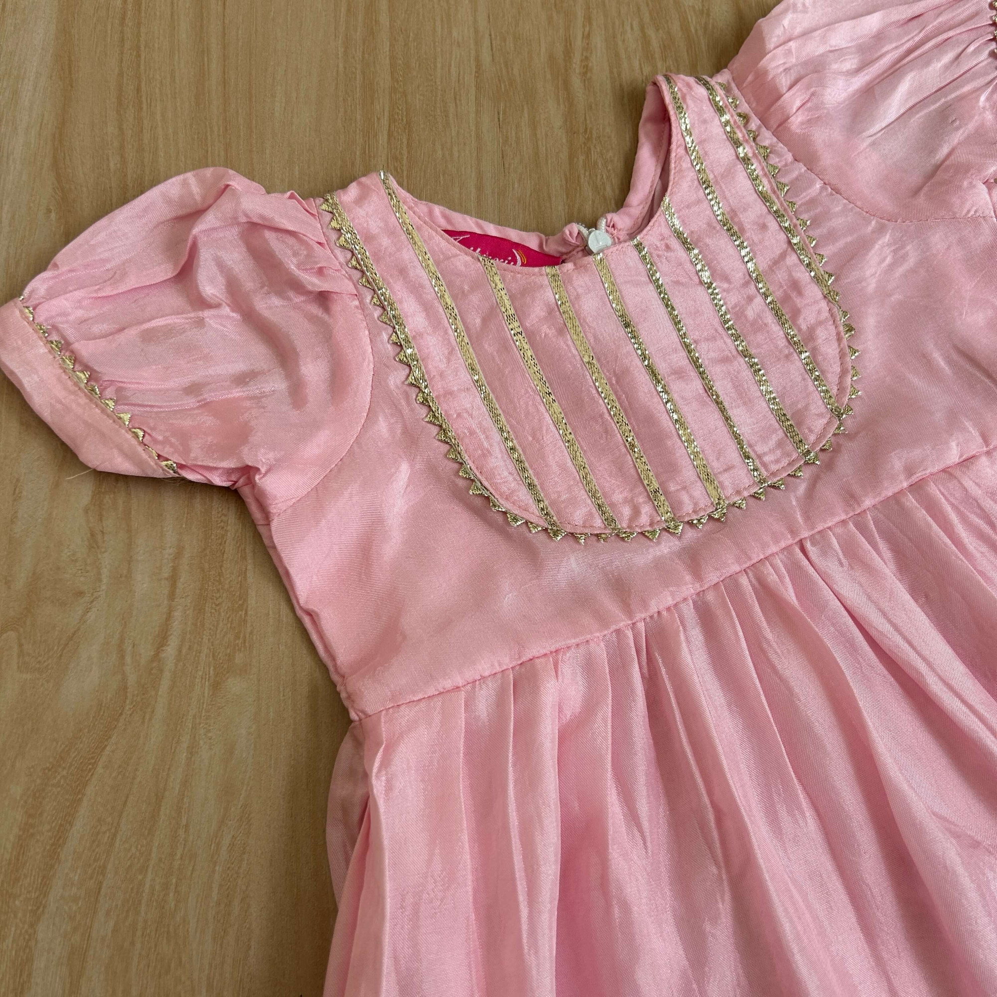 Baby Pink Chanderi Ankle-Length Frock with Gota Detailing