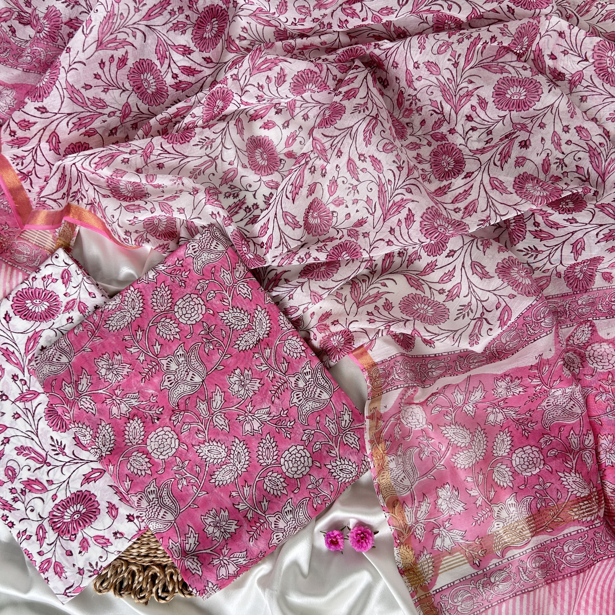 Pink Hand Block Printed Unstitched Suit Set