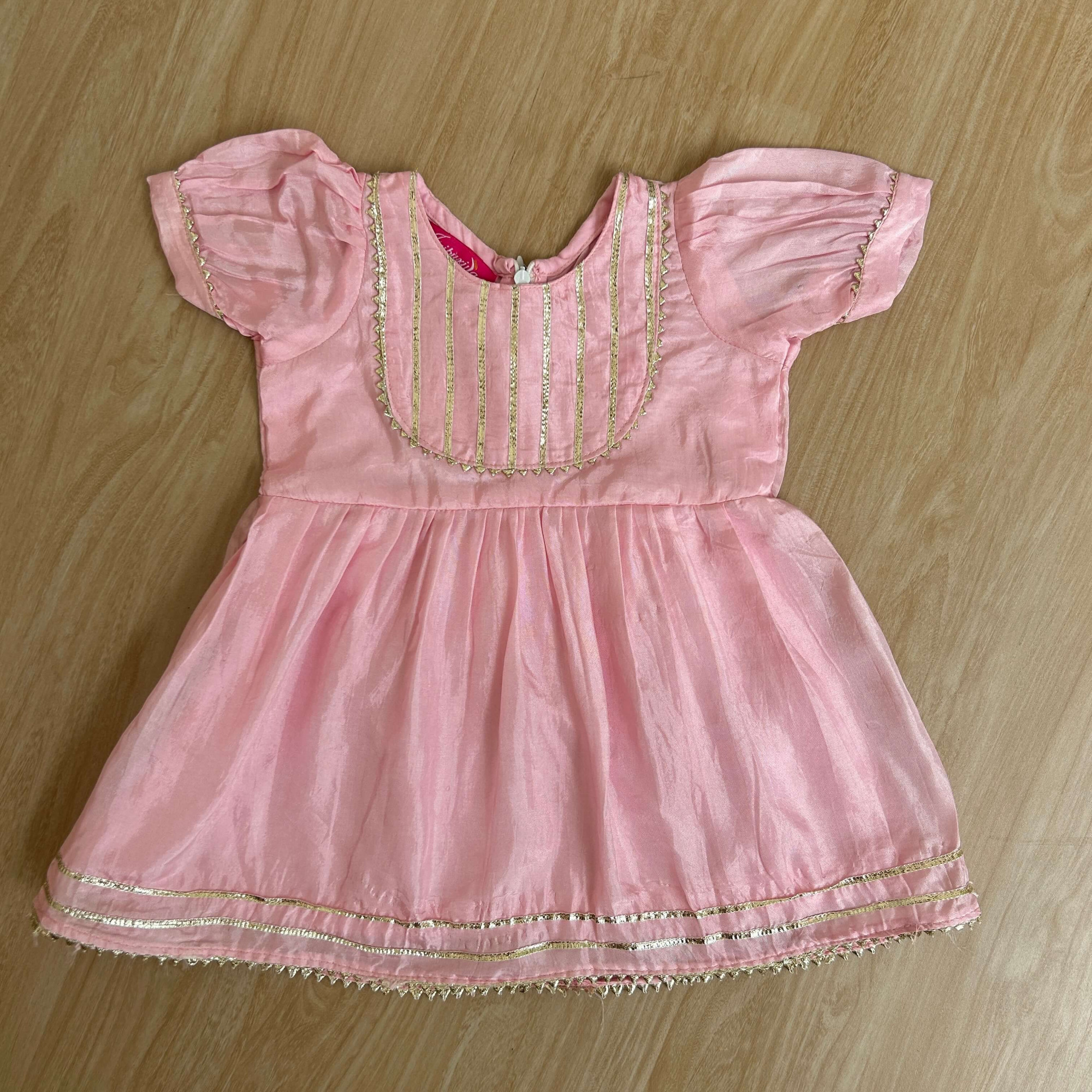 Baby Pink Chanderi Ankle-Length Frock with Gota Detailing