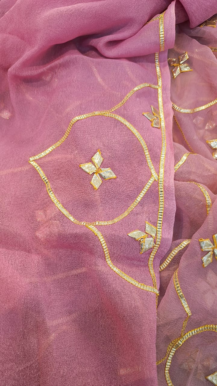 ONION PINK SHIFFON KACCHAGOTA WORK SAREE