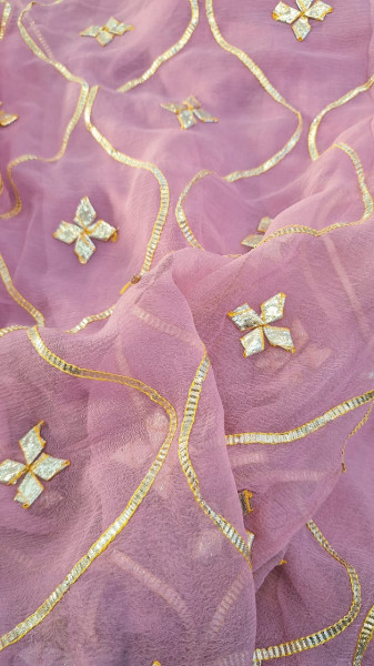 ONION PINK SHIFFON KACCHAGOTA WORK SAREE