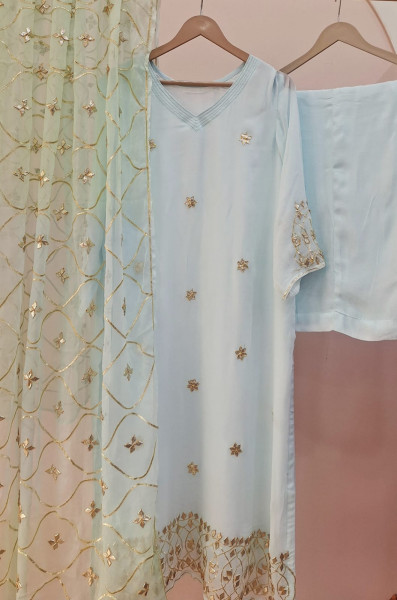 AQUA BLUE KACCHAGOTA GEORGETTE SUIT SET
