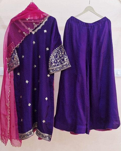RANIPURPLE KURTI AND GARARA HANDWORK SUMMERSILK SUIT SET