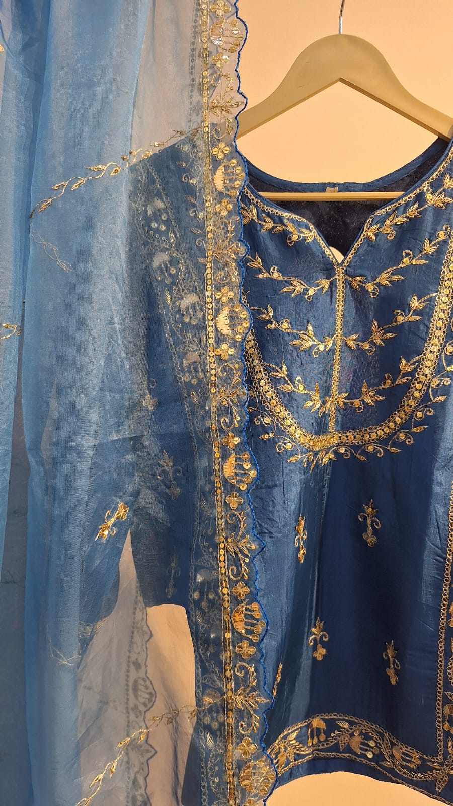 PEACOCK BLUE HANDWORK KURTI GARARA AND DUPPTTA SET