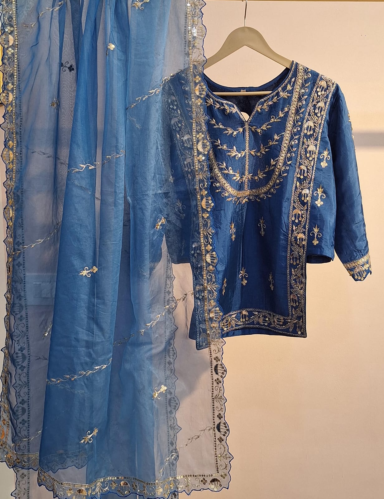 PEACOCK BLUE HANDWORK KURTI GARARA AND DUPPTTA SET