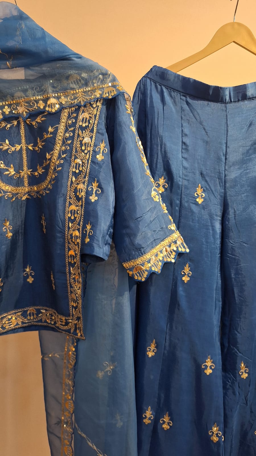 PEACOCK BLUE HANDWORK KURTI GARARA AND DUPPTTA SET