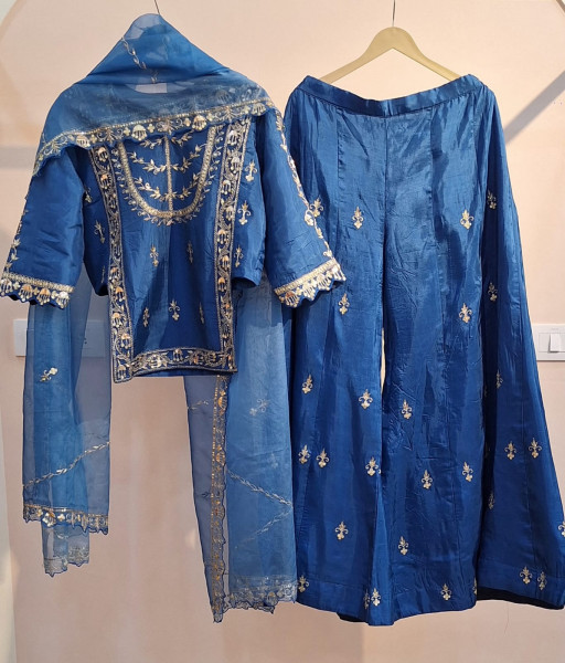PEACOCK BLUE HANDWORK KURTI GARARA AND DUPPTTA SET
