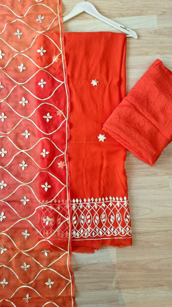 DARK RUST ORANGE SHIFFON KACCHAGOTA HANDWORK SUIT SET