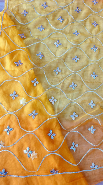 YELLOWKESARI SHADED SHIFFON KACCHAGOTA HANDWORK SUIT SET