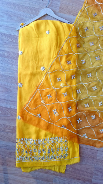 YELLOWKESARI SHADED SHIFFON KACCHAGOTA HANDWORK SUIT SET