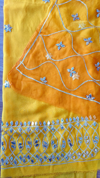 YELLOWKESARI SHADED SHIFFON KACCHAGOTA HANDWORK SUIT SET