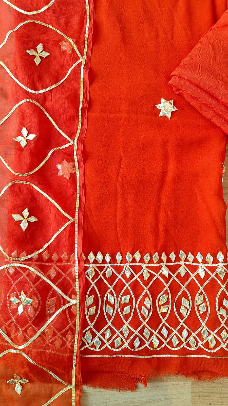 DARK RUST ORANGE SHIFFON KACCHAGOTA HANDWORK SUIT SET
