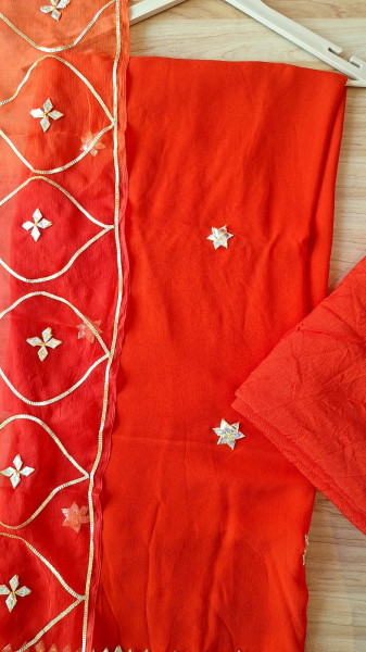 DARK RUST ORANGE SHIFFON KACCHAGOTA HANDWORK SUIT SET