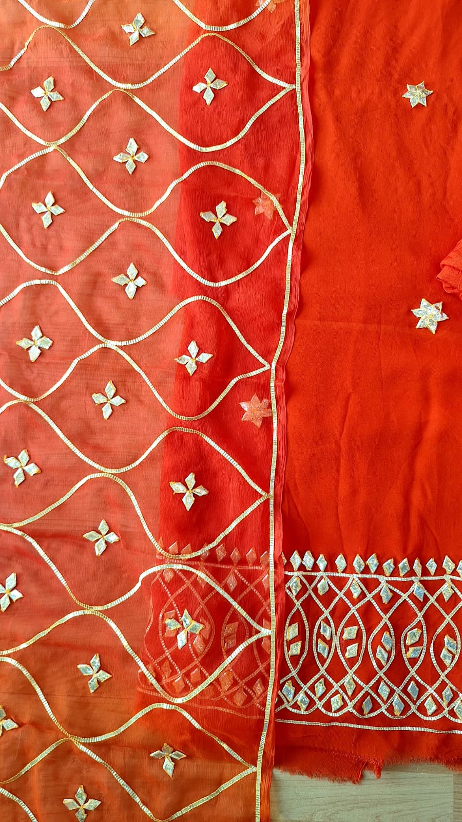 DARK RUST ORANGE SHIFFON KACCHAGOTA HANDWORK SUIT SET