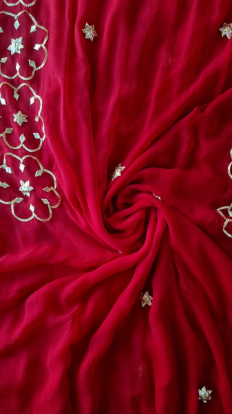 RED SHIFFON KACCHAGOTA HANDWORK  SAREE WITH UNSTITCHED  KACCHAGOTA HANDWORK  BLOUSE